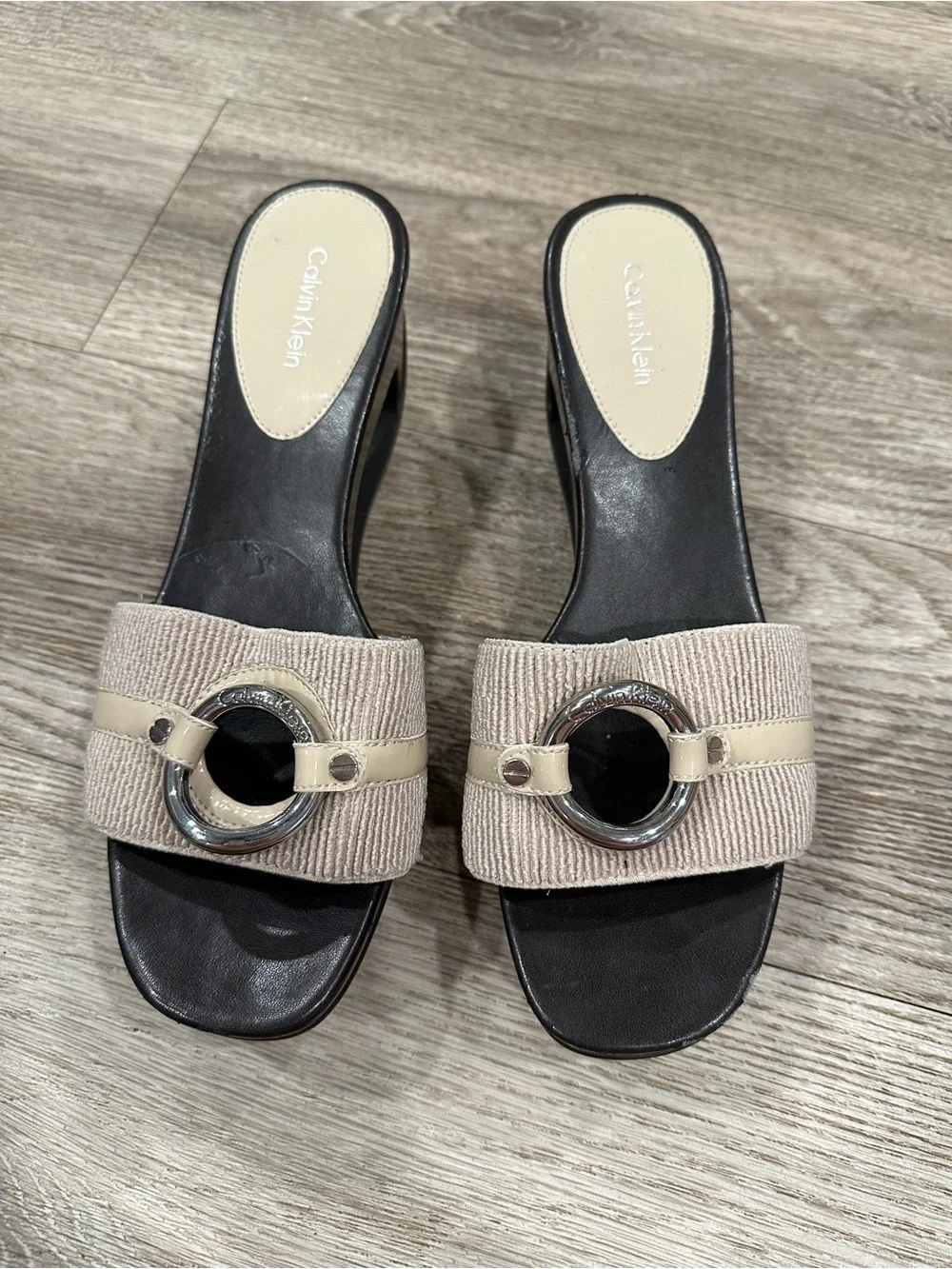 Calvin Klein Chocolate Brown and Cream Cutout Wedge Sandals